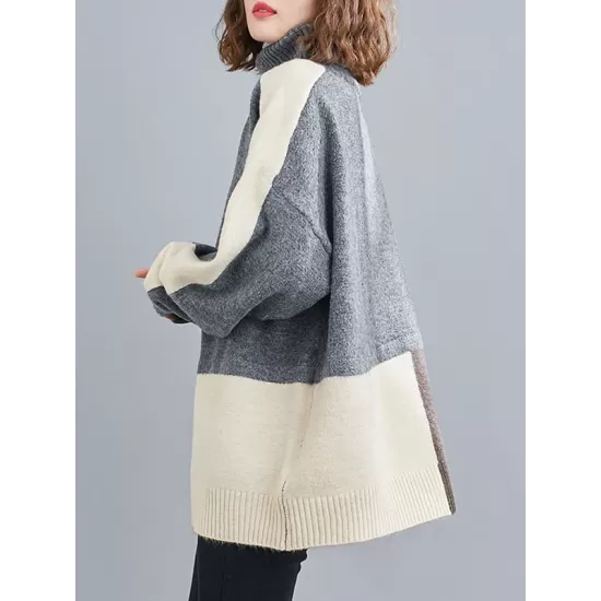 Stylish Split-Joint High-Neck Knitting Sweater