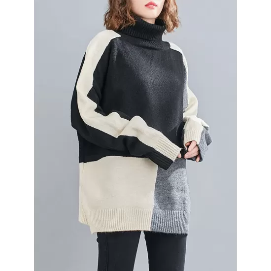 Stylish Split-Joint High-Neck Knitting Sweater