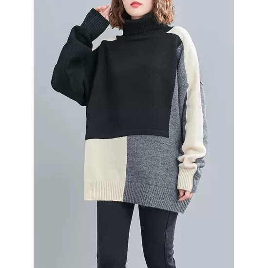 Stylish Split-Joint High-Neck Knitting Sweater