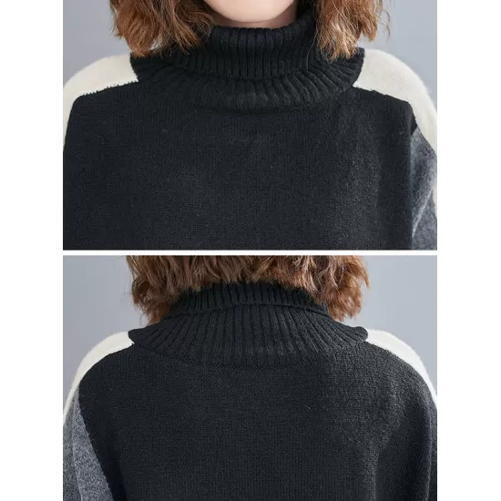 Stylish Split-Joint High-Neck Knitting Sweater