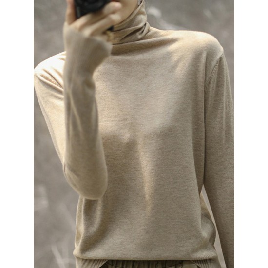 Solid Color Heaps Collar Long Sleeve Knitwear Tops