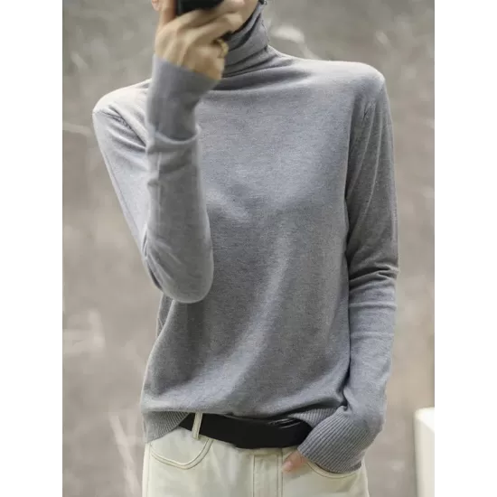 Solid Color Heaps Collar Long Sleeve Knitwear Tops