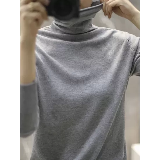 Solid Color Heaps Collar Long Sleeve Knitwear Tops