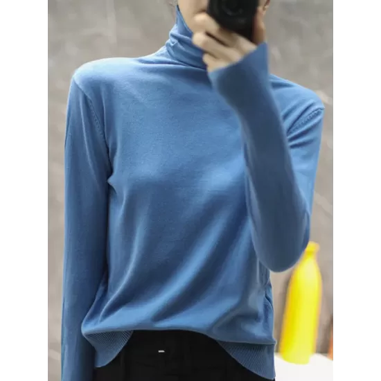 Solid Color Heaps Collar Long Sleeve Knitwear Tops