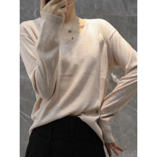 Simple Solid Color V-Neck Long Sleeve Knitwear Tops