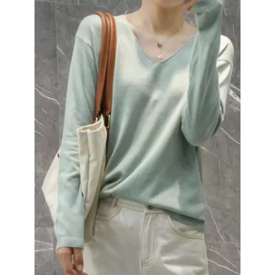 Simple Solid Color V-Neck Long Sleeve Knitwear Tops