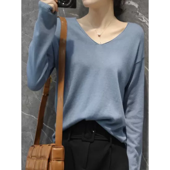 Simple Solid Color V-Neck Long Sleeve Knitwear Tops