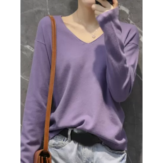 Simple Solid Color V-Neck Long Sleeve Knitwear Tops