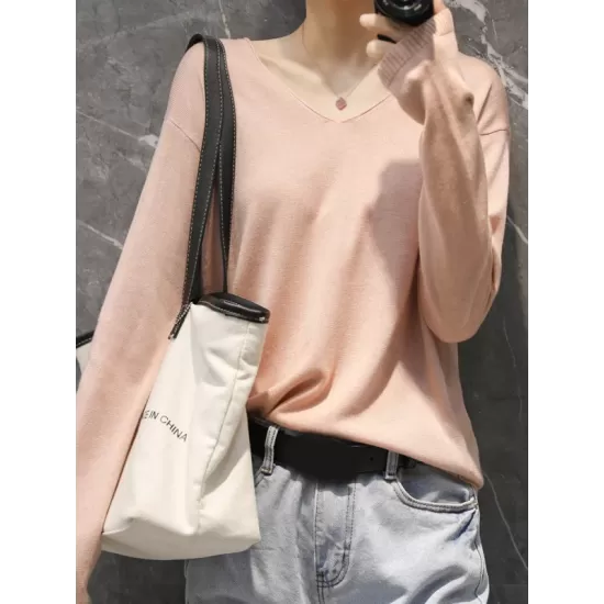 Simple Solid Color V-Neck Long Sleeve Knitwear Tops