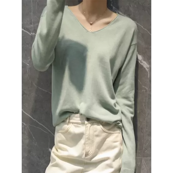 Simple Solid Color V-Neck Long Sleeve Knitwear Tops