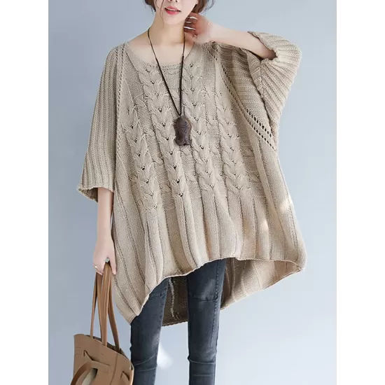 Vintage Loose Solid Color Round-Neck Batwing Half Sleeves Knitting Sweater