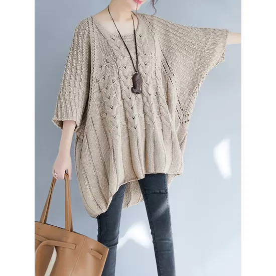 Vintage Loose Solid Color Round-Neck Batwing Half Sleeves Knitting Sweater