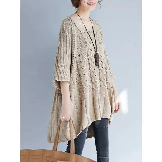 Vintage Loose Solid Color Round-Neck Batwing Half Sleeves Knitting Sweater