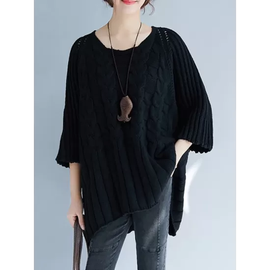 Vintage Loose Solid Color Round-Neck Batwing Half Sleeves Knitting Sweater