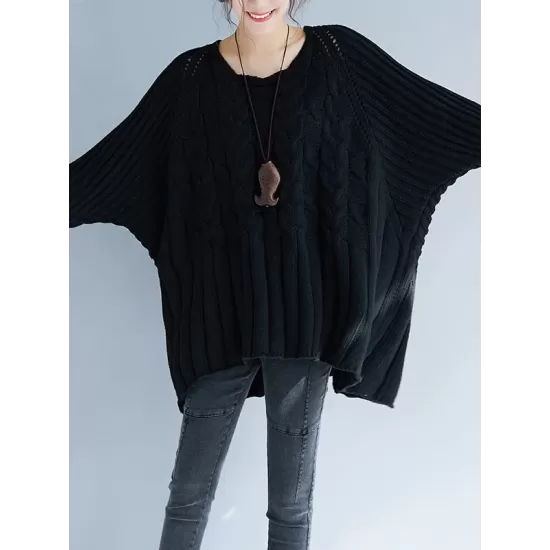 Vintage Loose Solid Color Round-Neck Batwing Half Sleeves Knitting Sweater