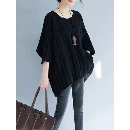 Vintage Loose Solid Color Round-Neck Batwing Half Sleeves Knitting Sweater