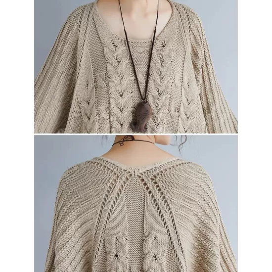 Vintage Loose Solid Color Round-Neck Batwing Half Sleeves Knitting Sweater