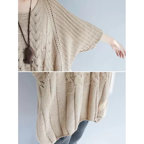 Vintage Loose Solid Color Round-Neck Batwing Half Sleeves Knitting Sweater