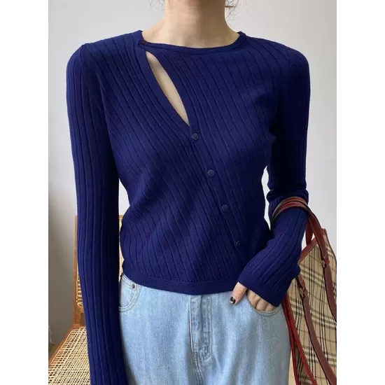 Fashion Asymmetric Solid Color Round-Neck Sweater Top