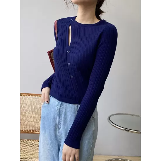 Fashion Asymmetric Solid Color Round-Neck Sweater Top