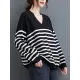 Artistic Retro Casual Loose Striped V-Neck Long Sleeves Knitted Sweater