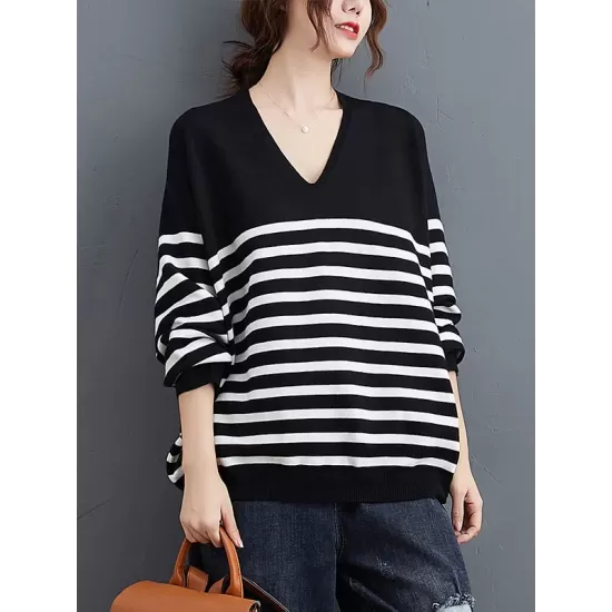 Artistic Retro Casual Loose Striped V-Neck Long Sleeves Knitted Sweater