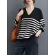 Artistic Retro Casual Loose Striped V-Neck Long Sleeves Knitted Sweater