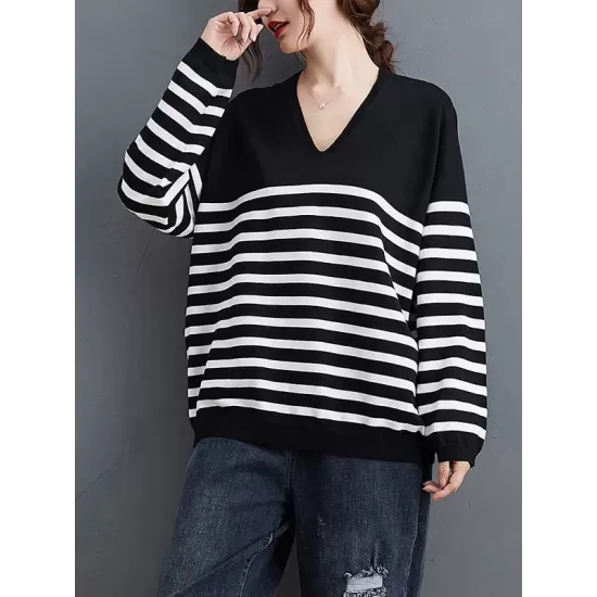 Artistic Retro Casual Loose Striped V-Neck Long Sleeves Knitted Sweater