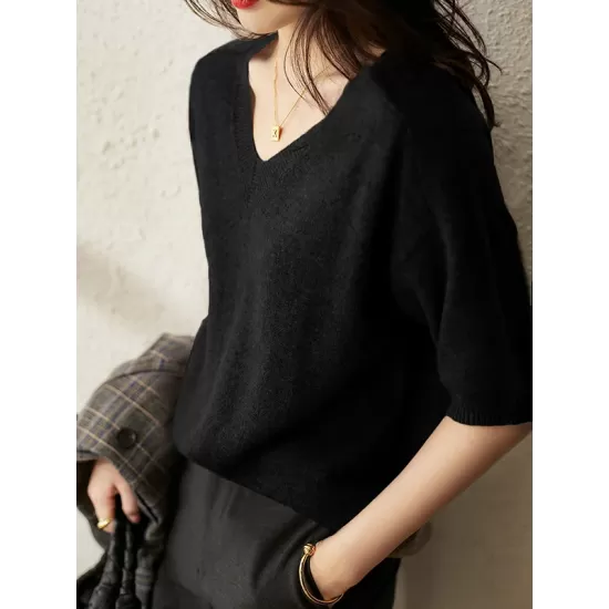 Urban Solid Color V-Neck Knitting Pullover