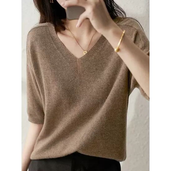 Urban Solid Color V-Neck Knitting Pullover