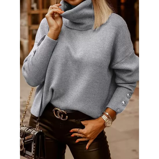 Casual Loose Solid Color High-Neck Long Sleeves Knitwear