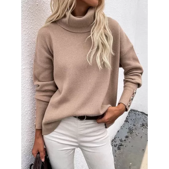 Casual Loose Solid Color High-Neck Long Sleeves Knitwear