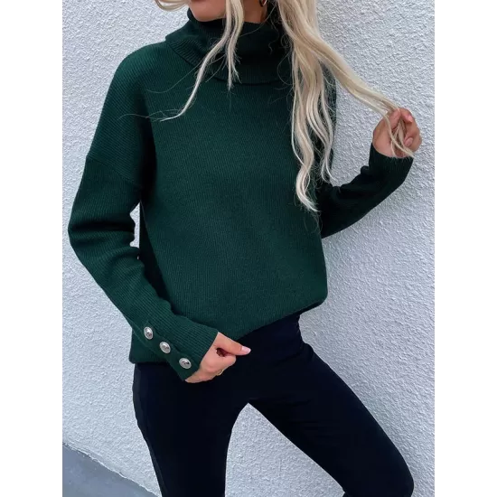 Casual Loose Solid Color High-Neck Long Sleeves Knitwear