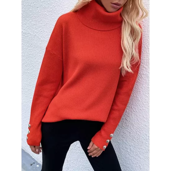 Casual Loose Solid Color High-Neck Long Sleeves Knitwear