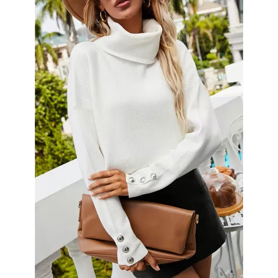 Casual Loose Solid Color High-Neck Long Sleeves Knitwear