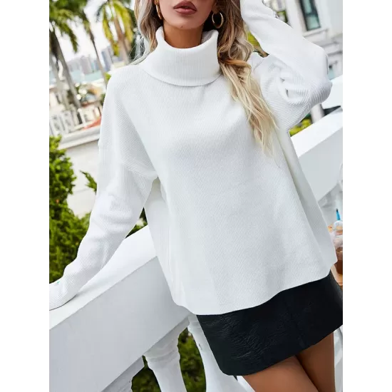 Casual Loose Solid Color High-Neck Long Sleeves Knitwear