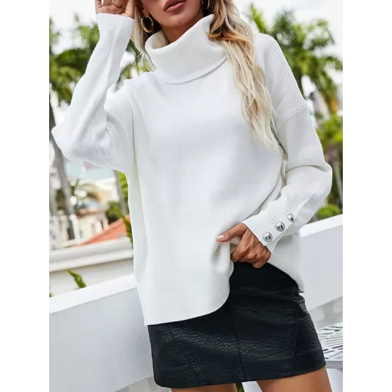 Casual Loose Solid Color High-Neck Long Sleeves Knitwear