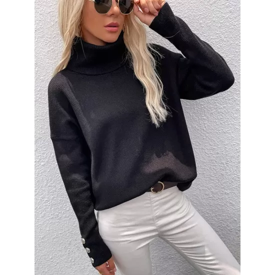 Casual Loose Solid Color High-Neck Long Sleeves Knitwear