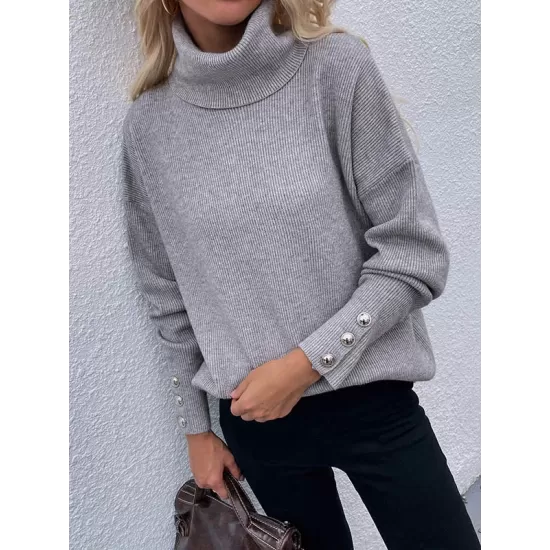 Casual Loose Solid Color High-Neck Long Sleeves Knitwear