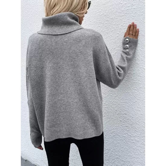 Casual Loose Solid Color High-Neck Long Sleeves Knitwear