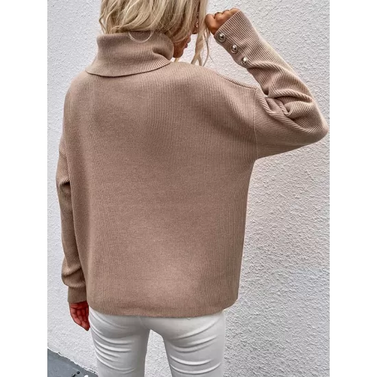 Casual Loose Solid Color High-Neck Long Sleeves Knitwear