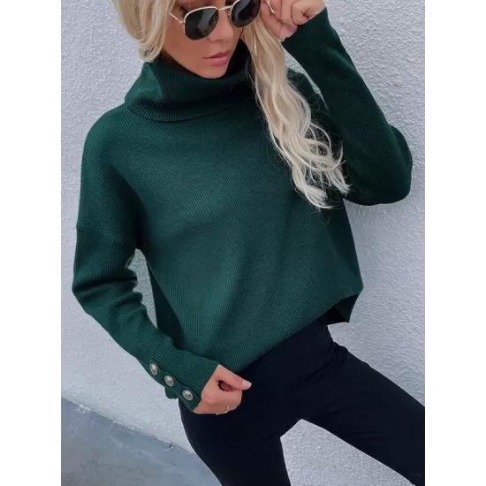 Casual Loose Solid Color High-Neck Long Sleeves Knitwear