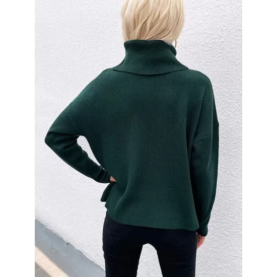 Casual Loose Solid Color High-Neck Long Sleeves Knitwear