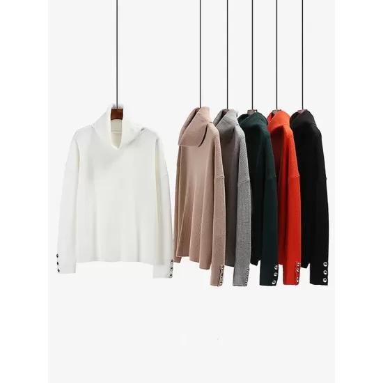 Casual Loose Solid Color High-Neck Long Sleeves Knitwear