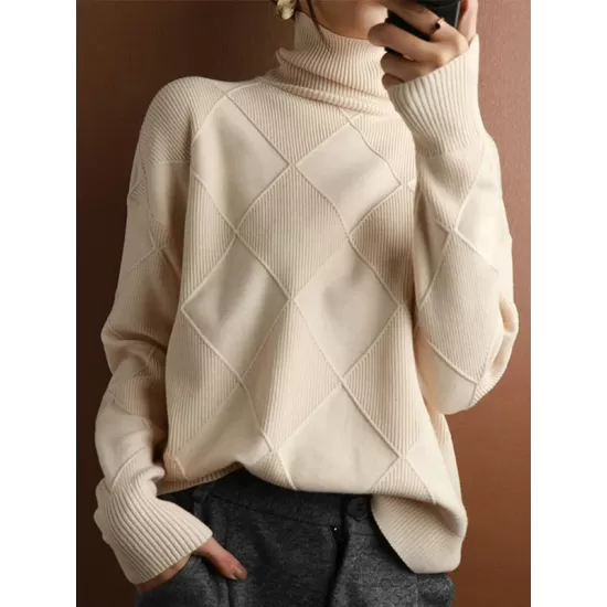 Casual Loose Solid Color Striped High-Neck Long Sleeves Sweater Tops