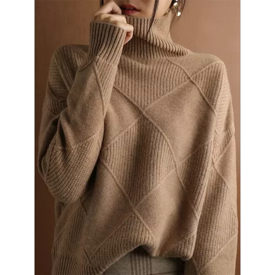 Casual Loose Solid Color Striped High-Neck Long Sleeves Sweater Tops