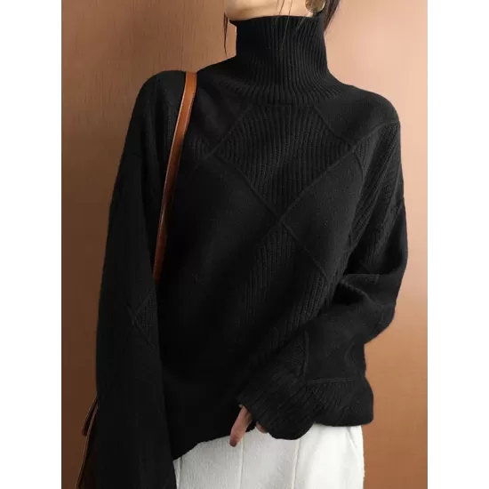 Casual Loose Solid Color Striped High-Neck Long Sleeves Sweater Tops