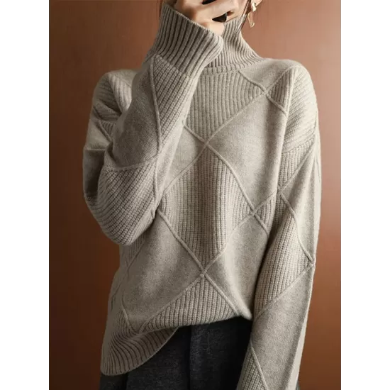 Casual Loose Solid Color Striped High-Neck Long Sleeves Sweater Tops