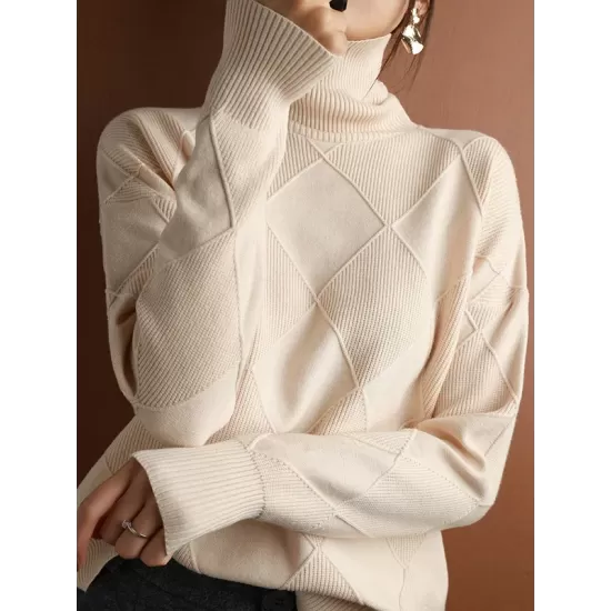 Casual Loose Solid Color Striped High-Neck Long Sleeves Sweater Tops