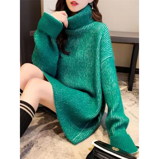 Original Loose Contrast Color High-Neck Long Sleeves Sweater Tops